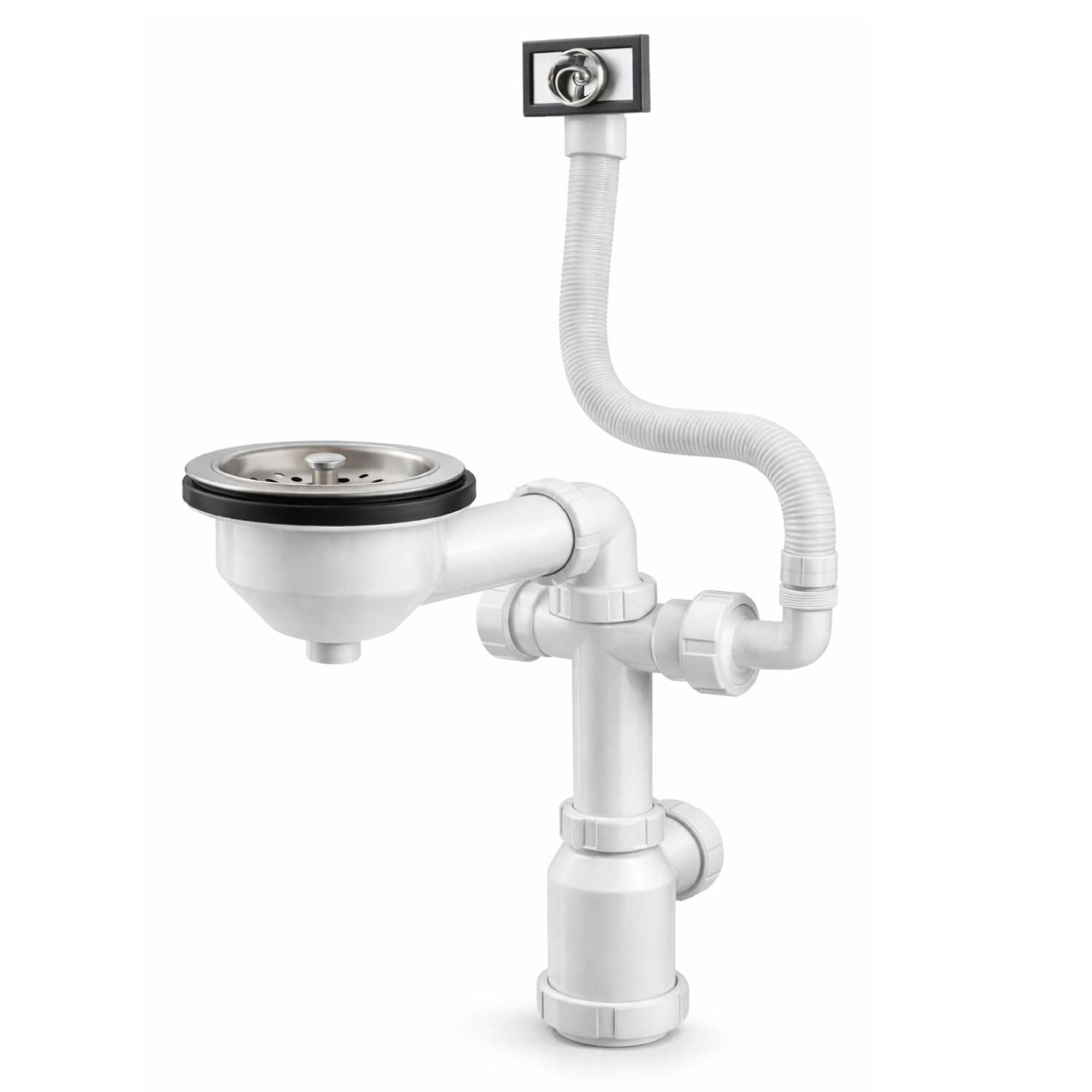 Sifón Fregadero Ahorro de Espacio Ø115 mm con Válvula Cesta Metálica para Cocina Desagüe Compacto Tipo Botella 1 172 x 40 mm Ideal para Muebles con Cajones Instalación Fácil FLUVIA