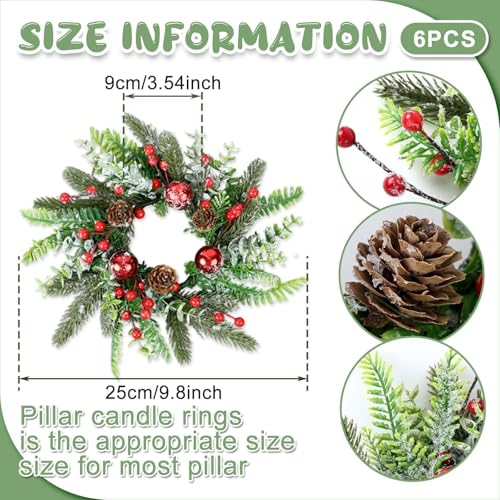 Image of 6 Pcs Christmas Candle Rings Wreaths Artificial Snowy Pine Cedar Red Berry Clusters Candle Rings Wreaths Mini Christmas Balls Wreath for Xmas Winter Front Door Window Decorations