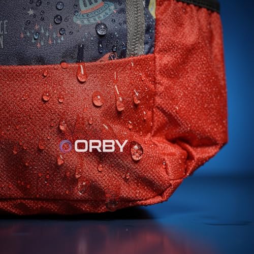 Image of ORBY Lunch Bag Rocket Planet Red | Water-Repellent Durable Fabric | Tiffin Bag with Bottle Holder & Front Pocket | Strong Zipper & Spacious Meal Storage (Rocket and Planet Pattern, Red)