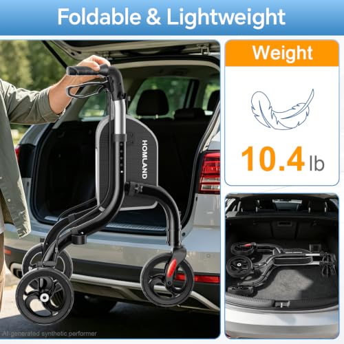 Image of HOMLAND Foldable 3 Wheel Walkers for Seniors, Lightweight 10.4 lb | with Cane & Cup Holder, Height Adjustable, 8'' big wheel, Shiny Black