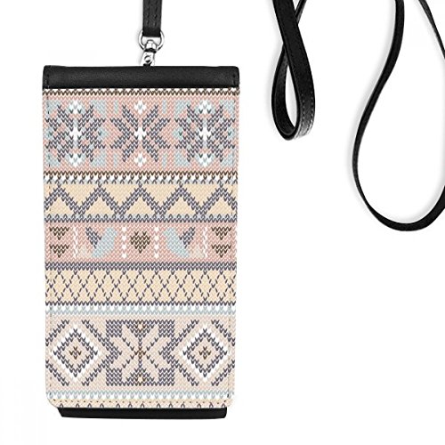 Sac à main suspendu téléphone en cuir noir avec motif rose violet et losange nordique