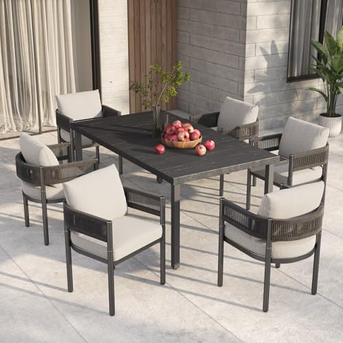 Grand patio 7-Piece Outdoor Dining Set for 6, Grey Metal Black Woven Wicker Fixed Patio Chairs with Thickened Cushions & 1 Rectangular Woodgrain Dining Table with Umbrella for Hole Backyard Deck
