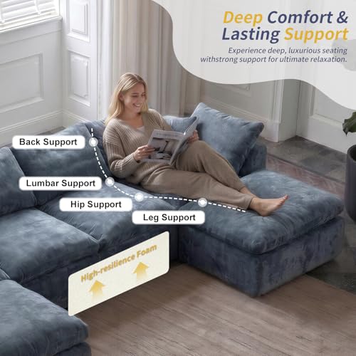 Image of Cloud Couch Sectional for Living Room, Modular U Shaped Boneless Sofa with Chaise, Compressed No Assembly Couch, Deep Seat Chenille Upholstered Convertible Sofa Bed(Steel Blue)