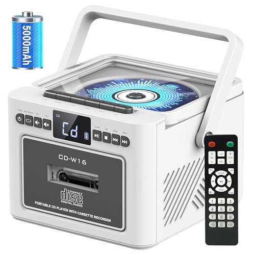 Image of Sunoony Boombox Cassette CD Player Combo with Bluetooth, 5000mAh Battery | Rechargeable Cd and Cassette Player for Home /Kids /Gift,FM Radio /Remote Control /Tape Recording /AUX /TF /USB /Earphone Jack(White)