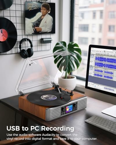 Bluetooth Record Player with Built-in Speakers, USB to PC Recording, 3-Speed Belt-Drive Turntable with AUX in & RCA Output, Brown Wood Grain Retro Vinyl Player for Home or Gift Use - Les Beatles, Paul McCartney, John Lennon, RIngo Starr, George Harrison Bluetooth Record Player with Built-in Speakers, USB to PC Recording, 3-Speed Belt-Drive Turntable with AUX in & RCA Output, Brown Wood Grain Retro Vinyl Player for Home or Gift Use – Image 4