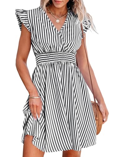 CUPSHE Women's Mini Dress V Neck Flutter Sleeve Striped Smocked Waist A Line Short Summer Dress Black Striped, M