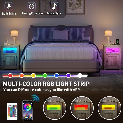 DWVO Farmhouse Nightstand with USB Charging Station & LED Lights, Adjustable Storage Shelving for Bedroom/Living Room, Old Oak Side Table with AC Outlets