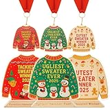 Cunno 6 Stück 2025 Weihnachtspullover Medaille und hässlicher Weihnachtspullover, Trophäe, Auszeichnung, Wettbewerbsmedaillen mit Halsband, Holz, lustige Trophäe, Spielpreise für Weihnachten, Party
