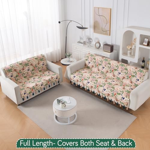 Image of HOKIPO 5 Seater Sofa Cover with Tassel in 3+2 Configuration | Full Protection for Seat and Back | Printed Holland Velvet Fabric | 'Whispers of Nature' | Beige Woodland Bloom (IN-1127+1126-D4)