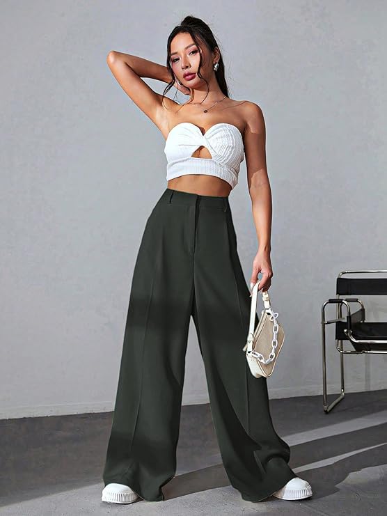 Image of GRECIILOOKS Women High Rise High Waist Trousers Flared Korean Style Formal Pants| Elegant Workwear for Office, College & Events (Available in Plus Size)
