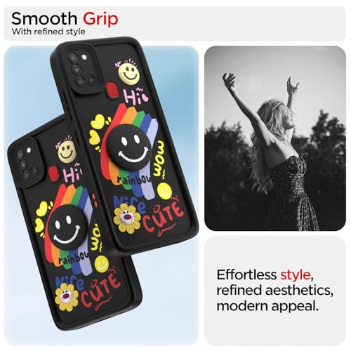 Image of Pikkme Back Cover for Samsung Galaxy A21s | Soft Silicone| Cute Rainbow Smile & 3D Cartoon Flower Design | Shockproof Raised Camera Protection Bumper Case (Black)