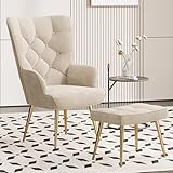 Aivermeil Sessel Wohnzimmer Einzelsofa Loungesessel modern Relaxsessel mit Metallfüßen, Samt, für Wohnzimmer Schlafzimmer, Bis 150 KG (Beige, mit Hocker)