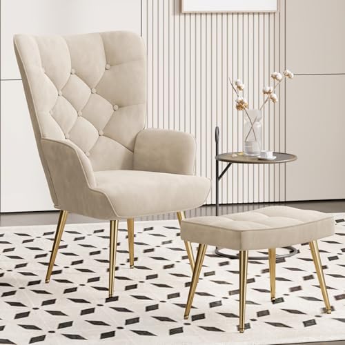 Aivermeil Sessel Wohnzimmer Einzelsofa Loungesessel modern Relaxsessel mit Hocker,Gold Metallfüßen, Samt, für Wohnzimmer Schlafzimmer, Bis 150 KG Beige
