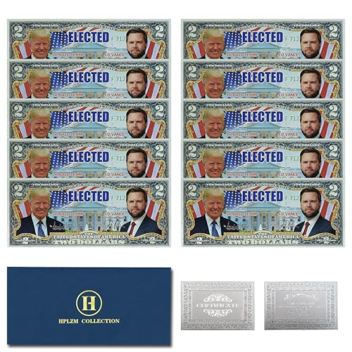 10 billetes de banco de Donald Trump y J.D.VANCE, 47º presidentes de los Estados Unidos, regalos de colección de dinero de plástico de 2 dólares