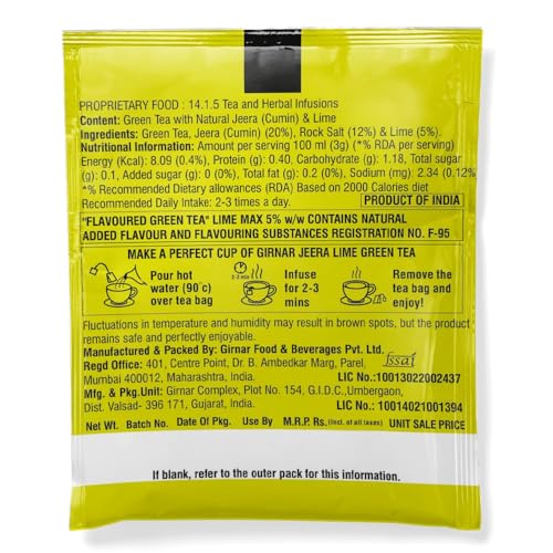 Image of Girnar Jeera Lime Green Tea Bags - Green Tea with Natural Cumin (Jeera) & Lime Flavor, 25 Tea Bags | Refreshing Herbal Infusion for Digestion & Metabolism Support