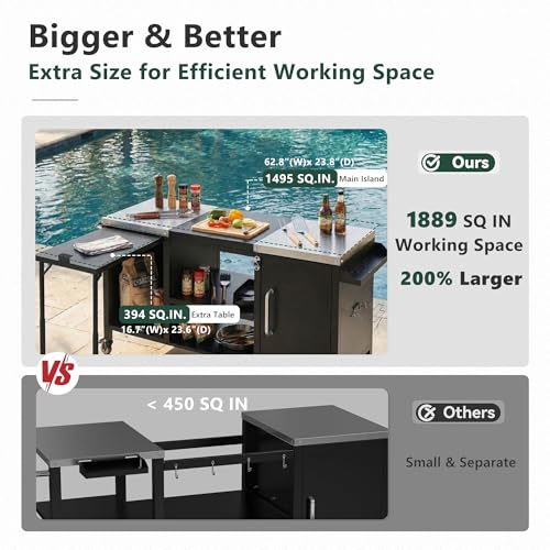 Image of Merax 72.4 inch Large Grill Table for Large Big Green Egg, Metal Outdoor Grill Cart with Fold-Out Prep Table, Adjustable Shelves, Spice Rack, Outdoor Kitchen Island for Big Green Egg, Kamado Joe Classic