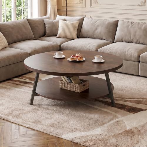 Image of Armocity 29.5 inch Round Wood Coffee Table with 2-Tier Storage, 1 inch Thick Top
