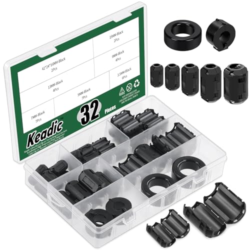 Keadic 32Pcs Clip-on Ferrite Ring Core RFI EMI Noise Suppressor Cable Clip Set, Anti-Interference Cable Clip for 3.5/5/7/9/13/15/16mm Inner Diameter Telephones Tvs Speakers Radio Audio