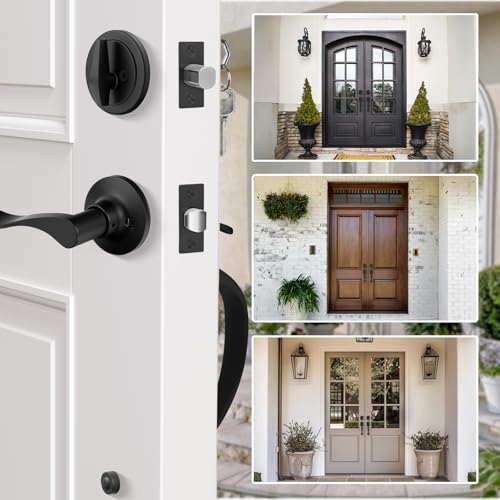 Image of Haidms Matte Black Double Door Handle with Deadbolt, Black Front Door Lock Set, Heavy Duty Double Lock Door Handleset with Dummy, Double Front Door Hardware Set with Reversible Handle Lever