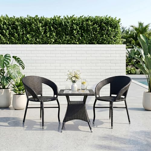 Image of BRISHI 3-Piece Outdoor Rattan Wicker Patio Square Coffee Table Set | Garden Furniture for Balcony, Terrace, Poolside & Porch | Waterproof Bistro Sets for Home & Backyard (Black)