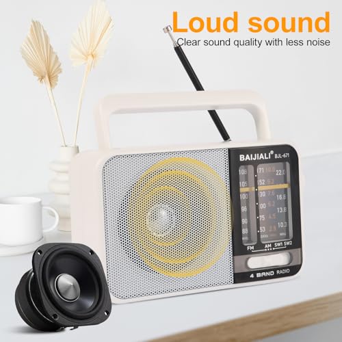 Image of BAIJIALI AM FM SW Portable Radio - Dual Power (Battery /USB) Emergency Receiver with Loudspeaker, Transistor Design for Indoor /Outdoor, Travel & Survival Kit Ready (White, BJL-671)