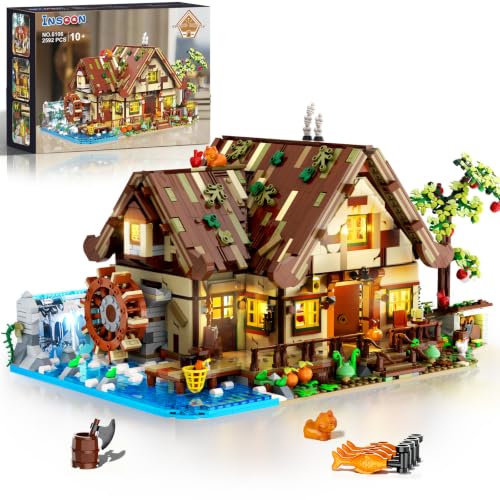 INSOON Holzhaus Bauspielzeug mit Licht 2592 Stück Waldhütte Haus Mini Klemmbausteine Waldhaus Modell Deko für Zuhause Baustein Spielzeug Geschenk für Erwachsene Jungen Mädchen 10-12+