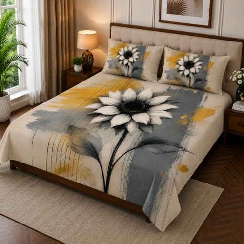 Image of 7D Digital Printed King Size Bedsheet with 2 Pillow Covers | Soft Premium Cotton Feel Microfiber Double Bed Bedsheet|Breathable,Wrinkle Free & Fade Resistant|(Cream&Yellow,KingSize-225x250CM)