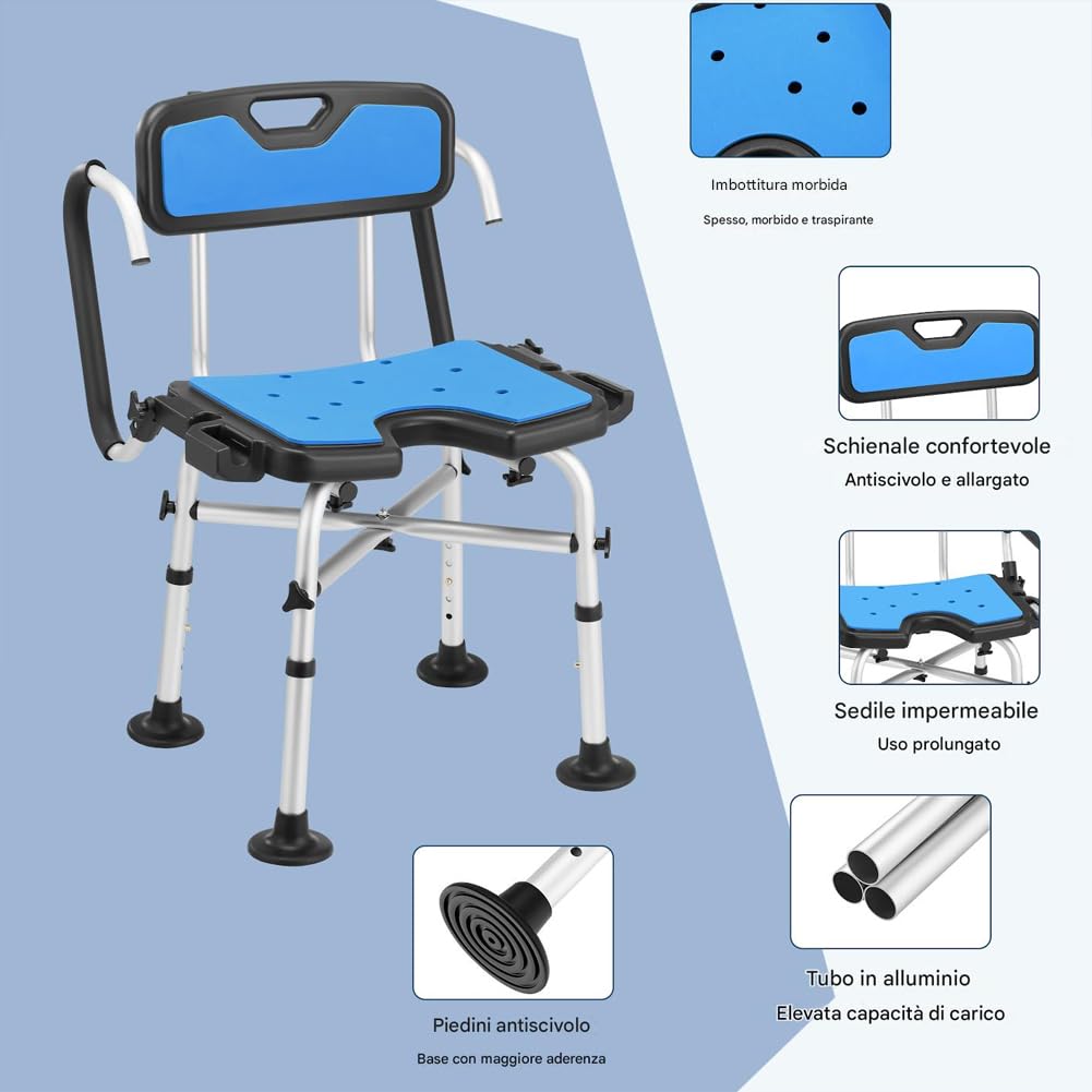 BAKAJI Sedia da Doccia per Anziani, Disabili e Persone con Mobilità Ridotta, Sedile Ergonomico e Struttura in Alluminio Resistente, Sgabello Bagno Altezza Regolabile, Piedi Antiscivolo, Capacità 130kg
