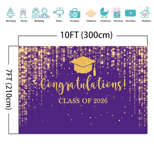 Mocsicka Class of 2026 Backdrop Purple Gold Glitter Bokeh Graduation Party Background 2026 Congrats Grad Prom Party Cake Table Decoration Photo Booth Props (10x7ft) by Mocsicka - Image 4