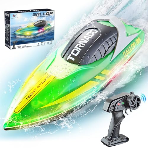 JONRRYIN Bateau télécommandé, RC Bateau de Course avec lumières LED pour Piscines et Lacs, 2,4 GHz Haute Vitesse Bateau RC avec Alarme de Batterie Faible pour Enfants et Adultes