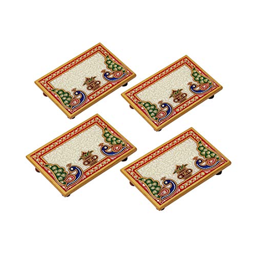 Handicrafts Paradise Marble Puja Chowki set of 4 pc Rectangle shape with Peacock design and Kalash