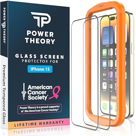 Power Theory compatible with iPhone 15 Screen Protector Tempered Glass, [Benefits American Cancer Society], 9H Hardness, Easy Install Kit, 99% HD Bubble Free Clear, Case Friendly, 2 Pack Cover