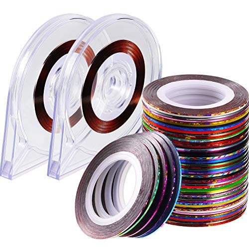 Blulu 90 Pieces Nail Striping Tape Line 30 Mixed Colors Rolls Striping Tape Line Nail Art Decoration Sticker with 2 Pieces Nail Tape Dispensers for DIY Nail Tip