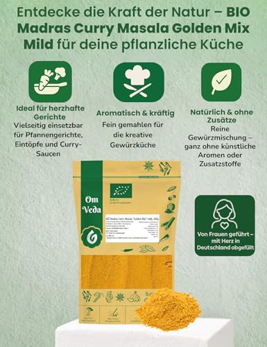 BIO Madras Curry Masala Golden Mix Mild | Aromatische Gewürzmischung mit Kurkuma, Kreuzkümmel & Koriander | Mild-würziger Geschmack für Curry, Eintöpfe & indische Gerichte