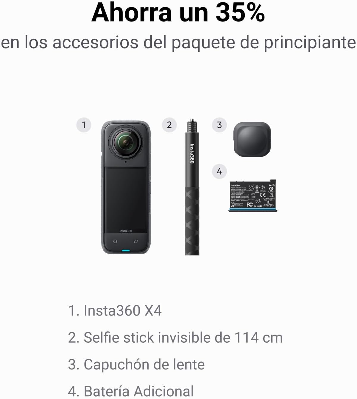 Insta360 X4 Starter Bundle Cámara de acción impermeable 8K 360, vídeos gran angular 4K, efecto selfie invisible, protección de lente desmontable, duración de batería de 135 min, edición AI