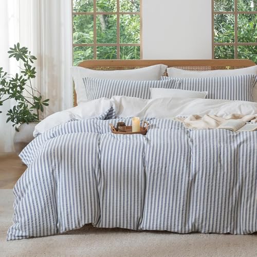 MILDLY Blue Striped Duvet Cover - 100% Washed Cotton Jacquard Boho Textured Comforter Cover 3pcs...