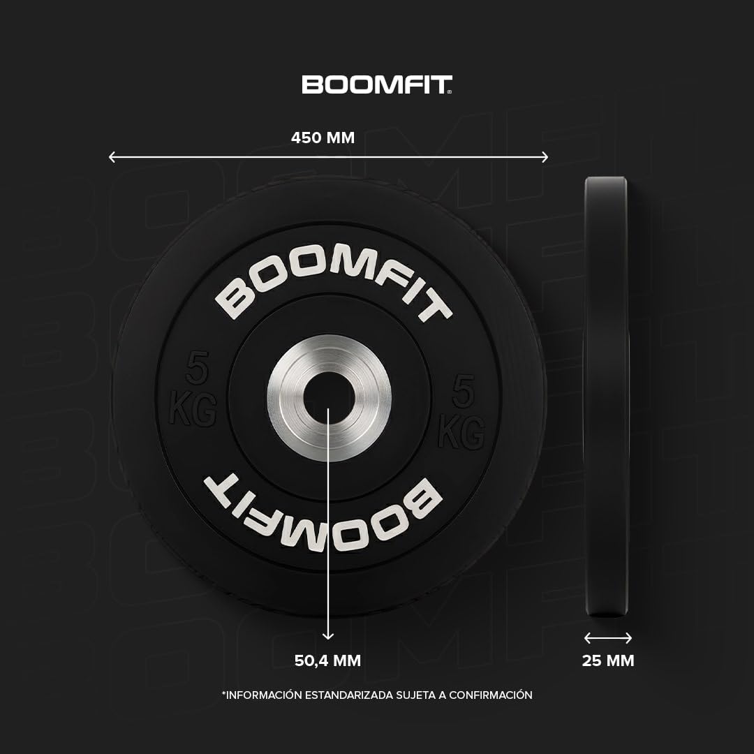BOOMFIT Discos de Competición de Goma 2,5-25 kg para Barra Olímpica 50 mm | rebote controlado y color identificativo por peso | Kit Gimnasio en Casa, CrossFit, Halterofilia y Powerlifting