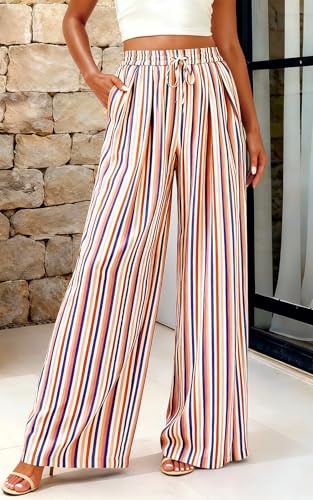 Image of PRETTYGARDEN Womens Pants Elastic Waist Floral Lightweight Palazzo Pants for Women Casual Lounge Wide Leg Pants Woman