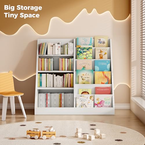 Image of Tatub 6 Tier Kids Wooden Bookshelf and Toy Storage, Children Toy Organizer with Book Shelves, Toddler BookRack Baby Bookcase for Nursery, Playroom and Classroom, White
