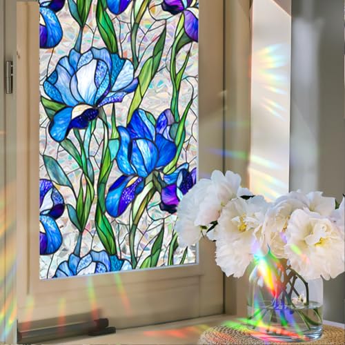 Image of JOONOR Blue Iris Flowers Sunroof Film Floral Rainbow Effect Static Clings Window Privacy Film Sun Protection Stained Glass Decals for Car Moonroof & Side Windows, 17.72 x 35.43 Inch