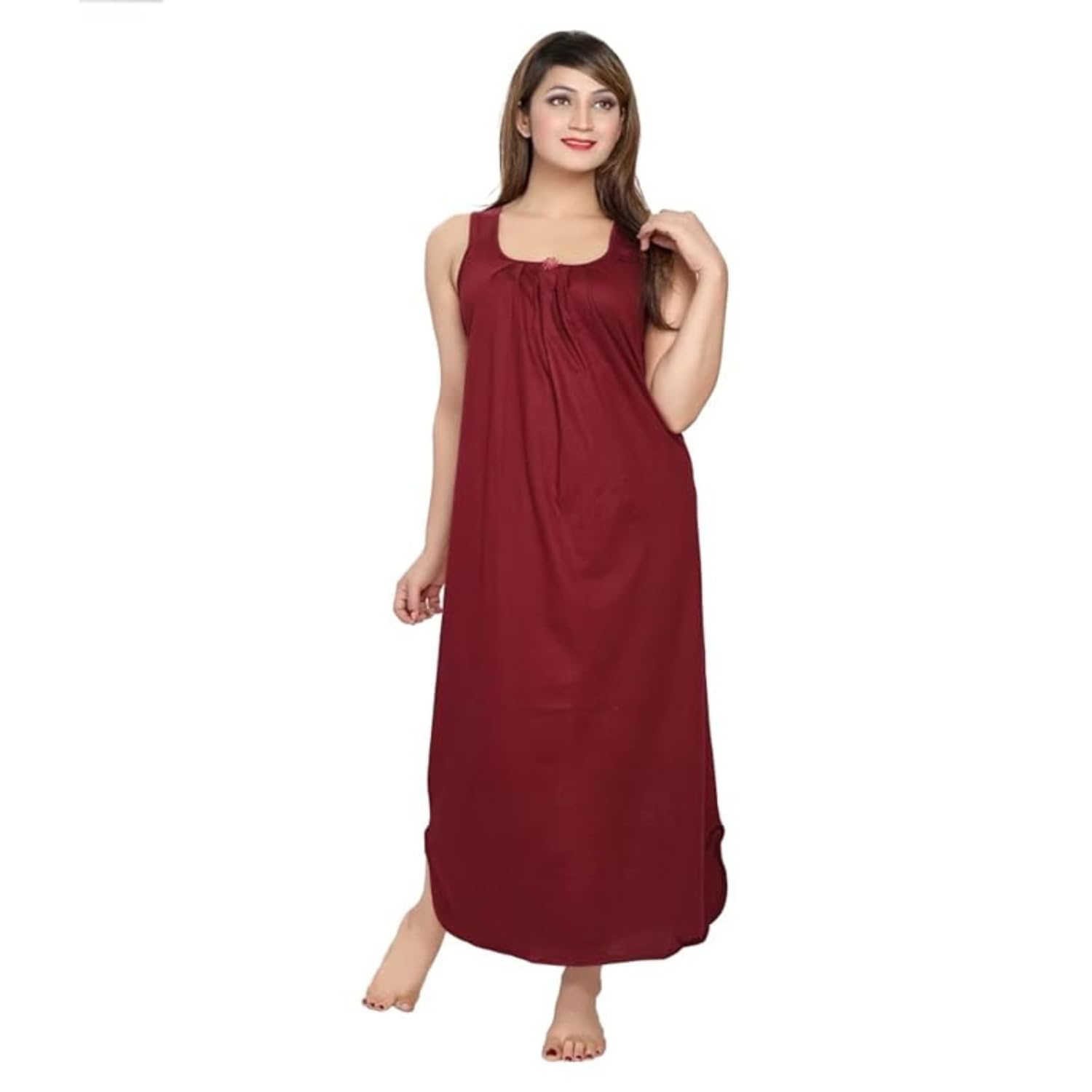 Women's Cotton Sleeveless Calf Length Nighty | Soft & Comfortable Maxi Nightwear for Ladies (Maroon) (Free Size)-picture-25