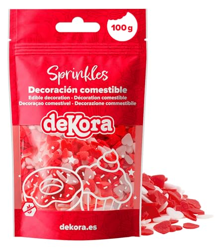 dekora – Confettis Cœur Rouges et Blancs en Sucre, 100 g – Décoration Saint-Valentin Chic pour Gâteau, Cupcake et Dessert