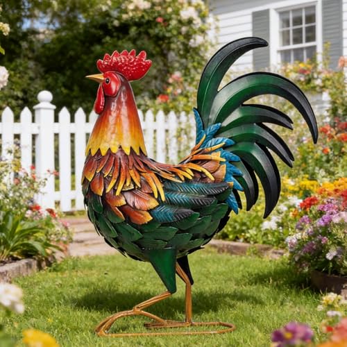 Ratuor Metal Rooster Decor Garden Statue Chicken Yard Art Outdoor Sculpture