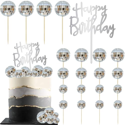 Ephlyn 26Pcs Disco Ball Cupcake Toppers Happy Birthday Cake Topper 1970s Disco Ball Cake Pick Decorations for Disco Theme Party 70s Disco Party Favor