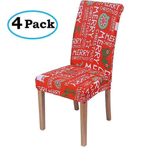 misaya Stretch Spandex Dining Room Chair Cover Removable Washable Chair Protector Flowers Painting Stool Seat Slipcover, Set of 4, Merry Christmas