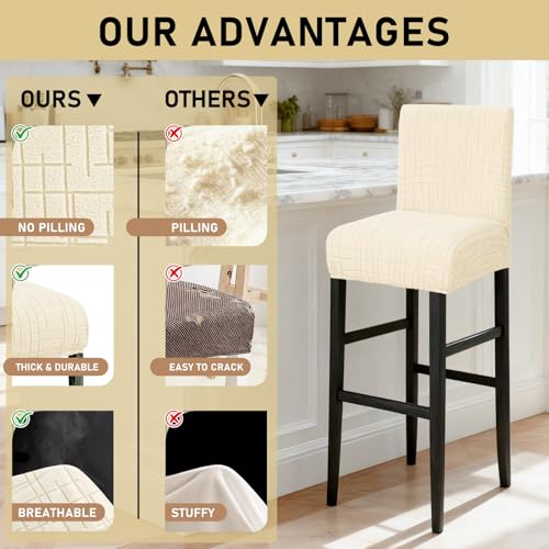 Image of JIUZHEN Ivory Stretch Velvet Bar Stool Counter Covers Set of 2 | Washable Removable Rectangular Seat Covers, Water Resistant, Kitchen, Dining, Pub, Hotel, Wedding and Party Counter Stools