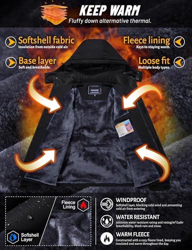 TACVASEN Herren Winterjacke Wasserdicht Outdoorjacke Atmungsaktiv Warme Gefütterte Snowboardjacke Winddicht Schwarz, XL