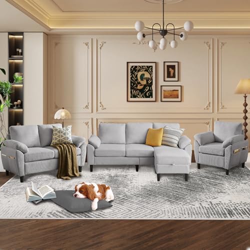 Image of 4 Piece Modern Corduroy Sofa Set, L-Shaped Sectional Couch with Storage Ottoman, Loveseat & Single Arm Chair, Side Storage Pockets, Removable Cushions for Living Room Apartment