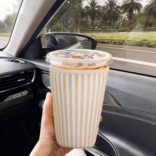 Image of Reusable 3-Pack Iced Coffee Cup Sleeve, Insulated Neoprene, Beverage Holder for Iced Coffee, Durable Drink Sleeve for Cold Beverages (Sunny Stripes)
