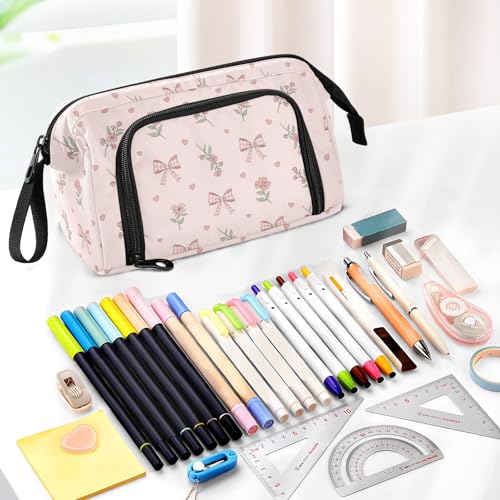 Image of Pink Ribbon Bow Flower Pencil Case Pouch Big Capacity Pencil Bag Box Organizer Pen Case with Zipper Pencil Cases for Girls School College